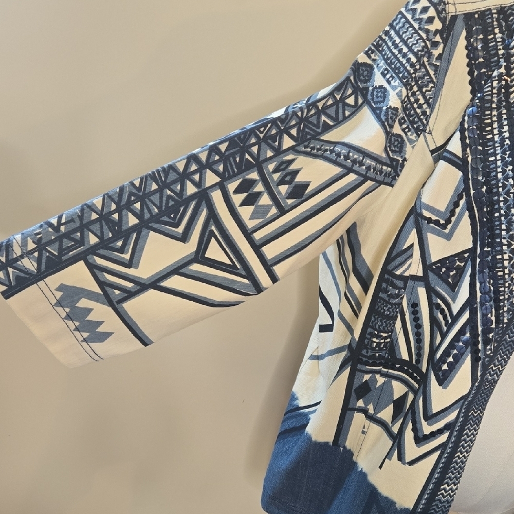 Chico's Blue Cream Jean Jacket w Geometric Sequin Design Boho Western Statement - Picture 3 of 6
